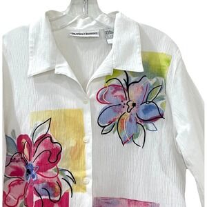 Drapers & Damons Womens Blouse L White Floral Crinkle Embroidery Beads See Notes